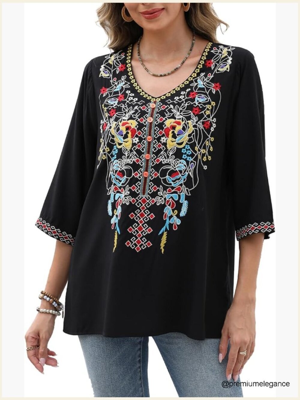 Embroidered Peasant Tunic Top 3/4 Sleeve V-Neck Boho Blouse